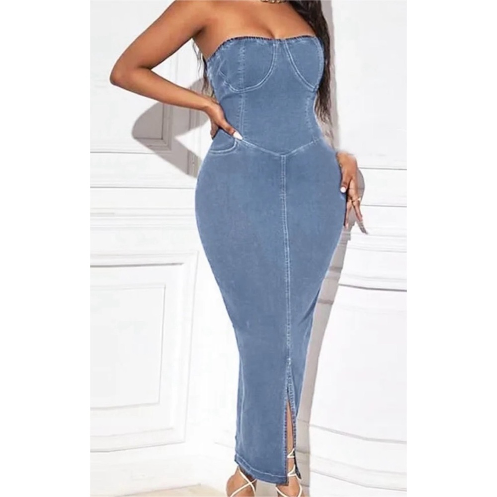 sleeveless open back denim dress